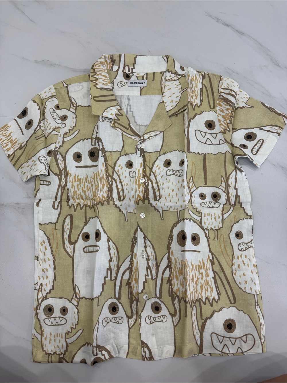 Boys 100% Linen Monster-Print Short Sleeve Button-Down Shirt